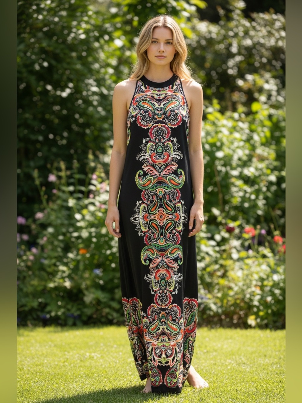 connected apparel Black Maxi Dress with Multicolor Paisley Print